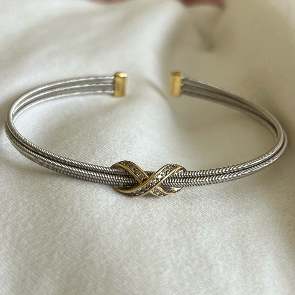 Two Tone Diamond Infinity Cable Cuff Bracelet - Picture 2 of 6